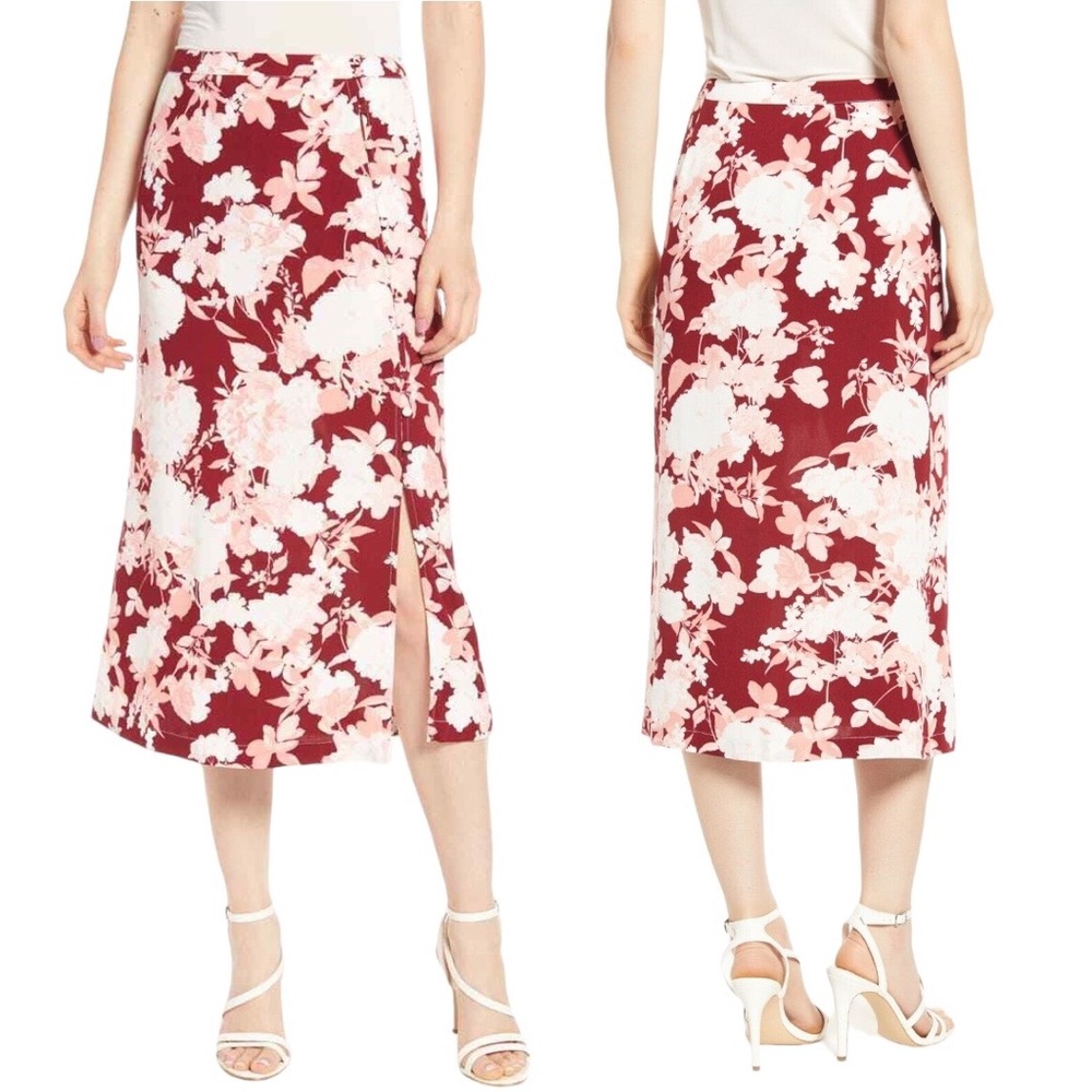 CHELSEA28 Vibrant Red Floral Print Front Button Midi Skirt - NWT
